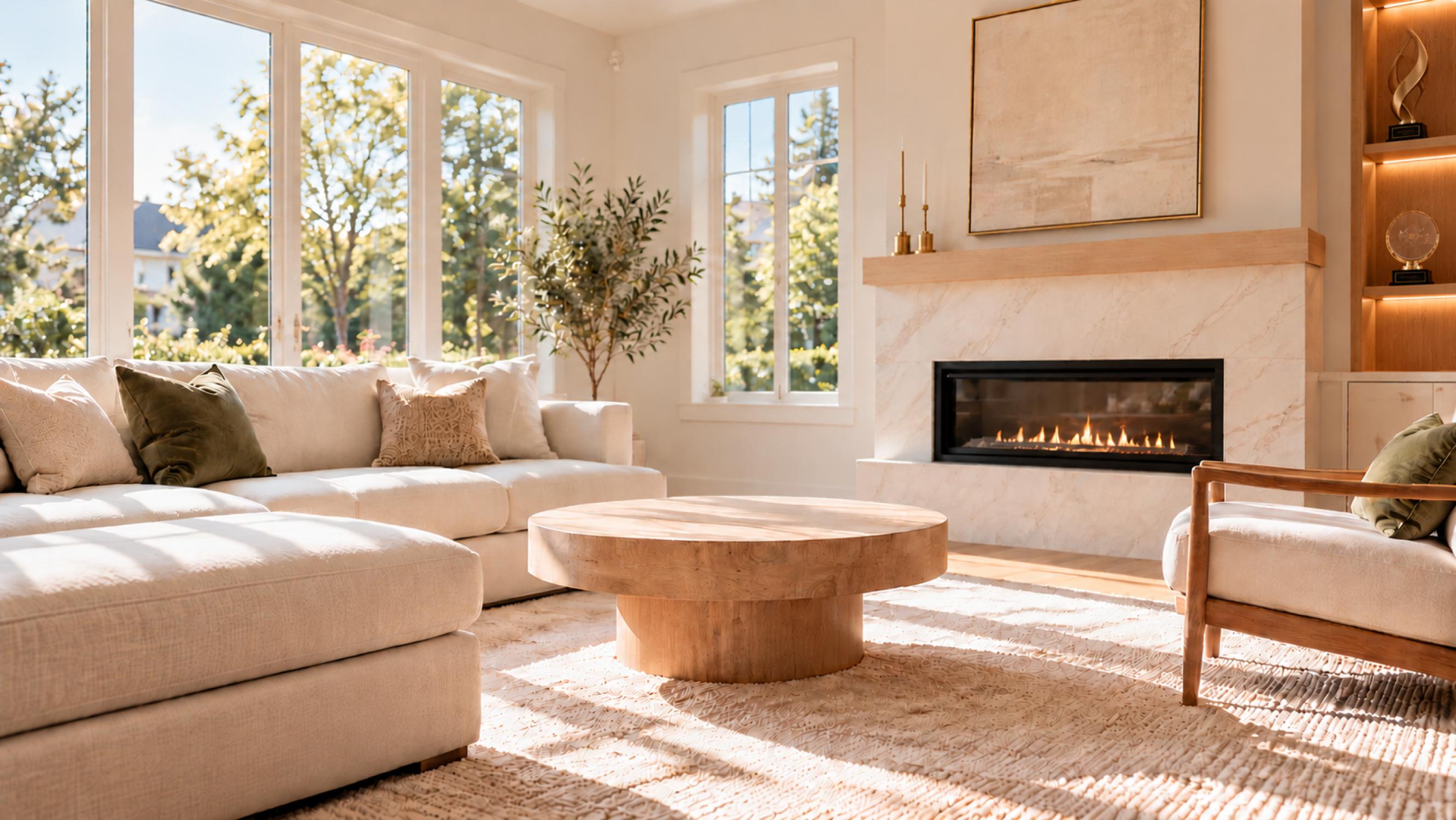 A sunlit contemporary living room with cream seating, warm wood furnishings, a fireplace and large windows.
