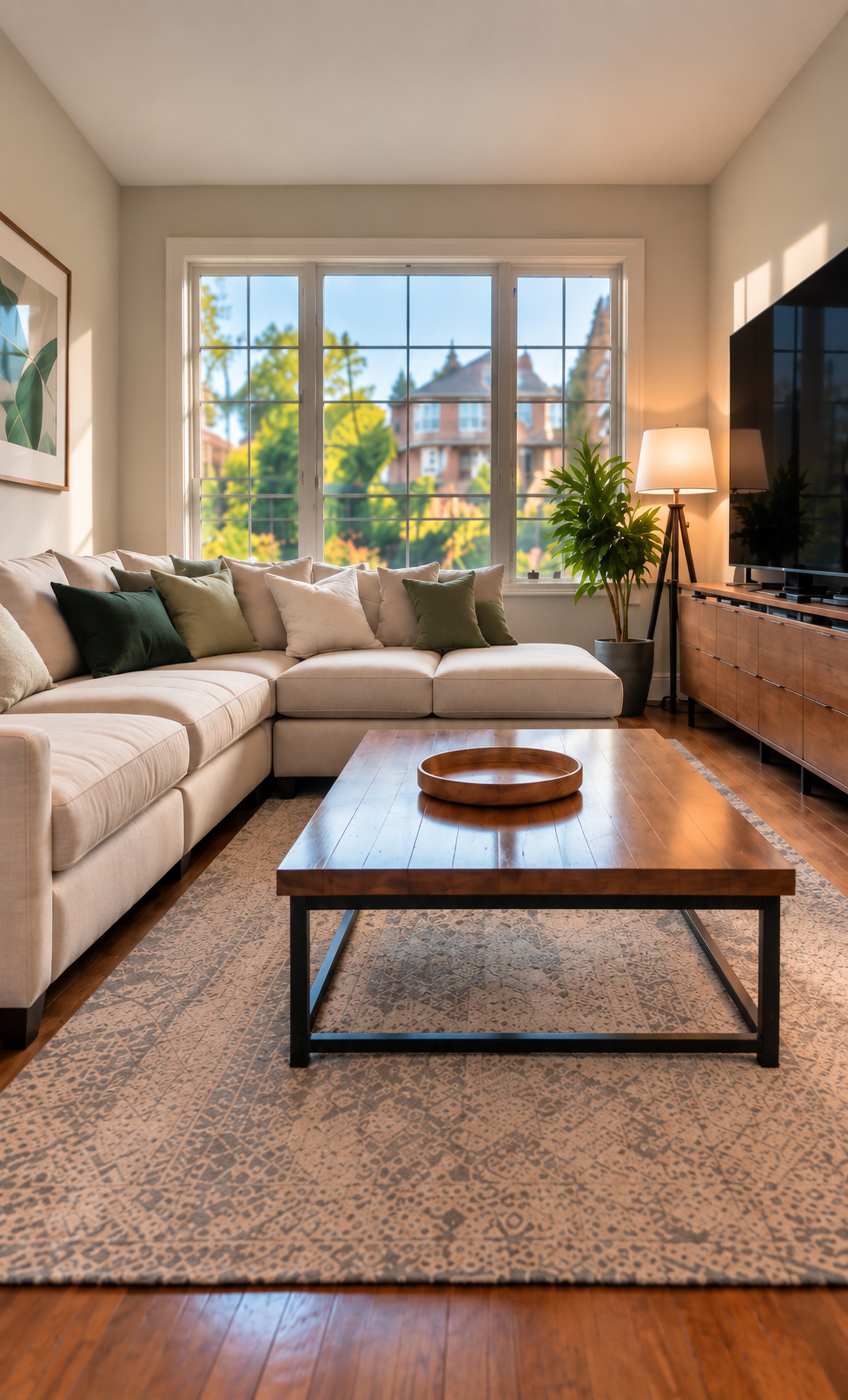 The living room put back in order: cushions arranged along the sectional, the round wooden tray centred on the coffee table, and the floor lamp lit beside the window.
