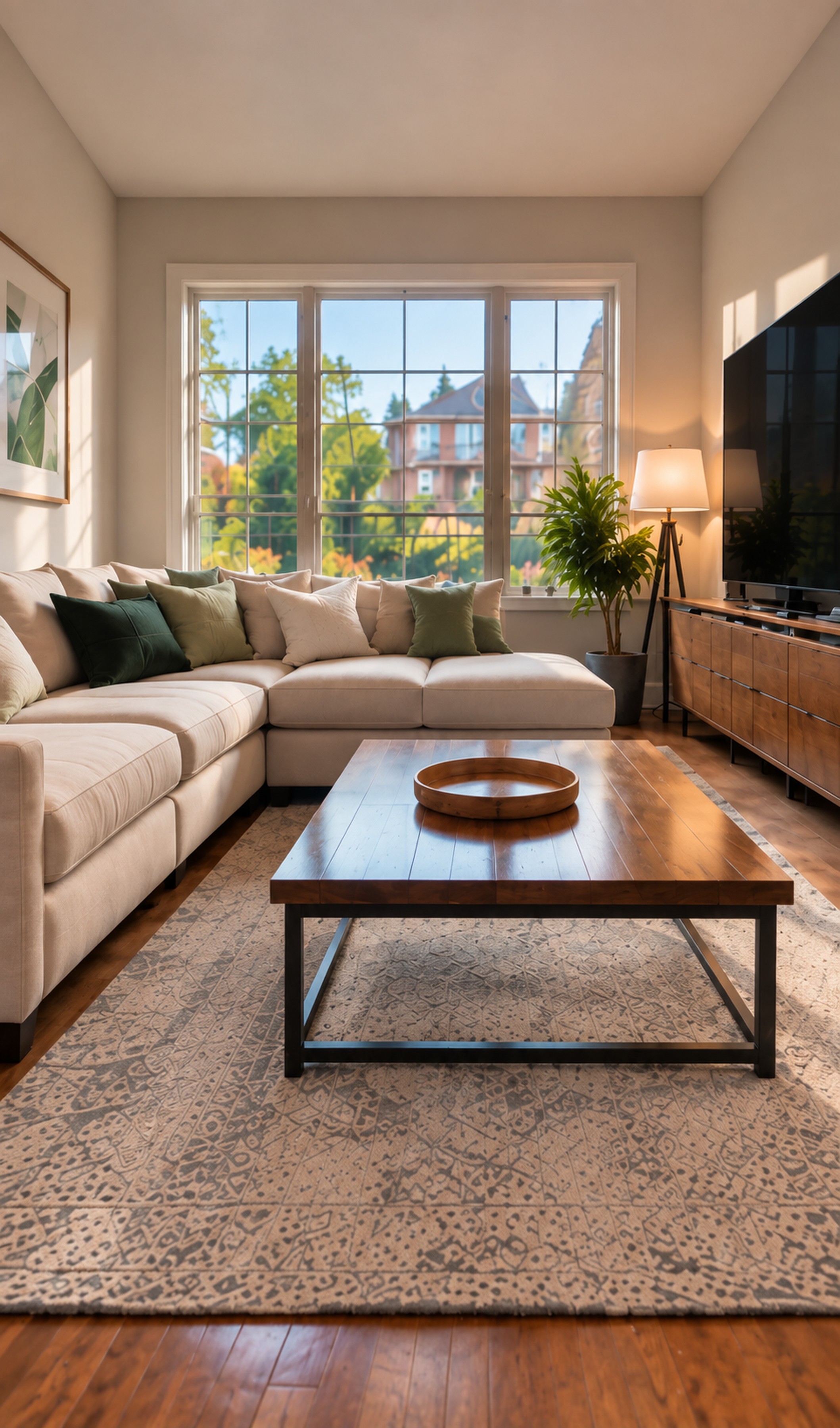 The finished living room seen from a step further back: sectional, coffee table with its centred tray, rug and media console all in order in late-afternoon light.